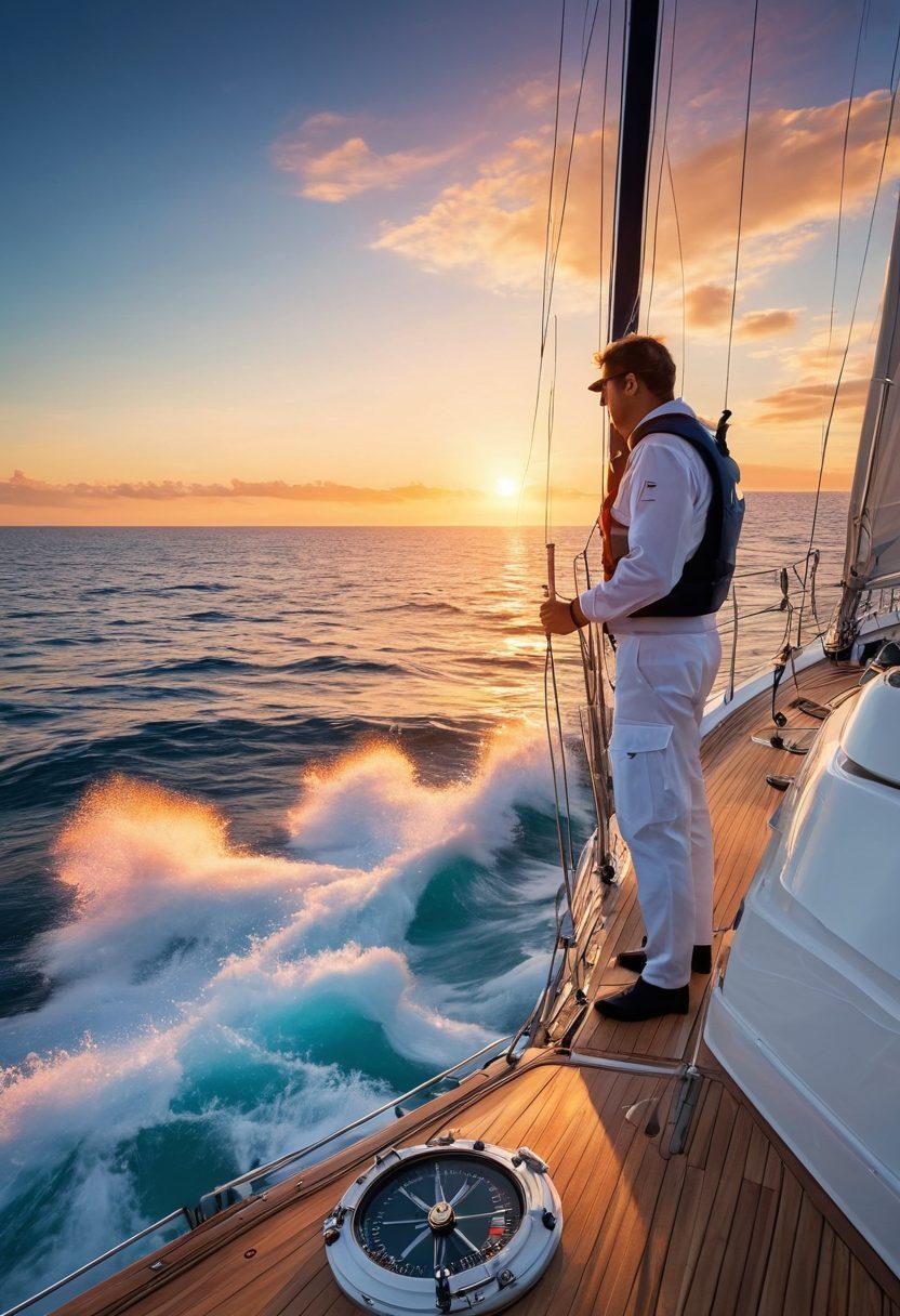 A luxurious yacht sailing smoothly through calm blue waters, surrounded by a stunning sunset over the horizon. The scene includes a captain on deck, confidently navigating with a map and a compass. Incorporate elements of safety gear, like life jackets and safety flags, subtly integrated into the background. The overall color palette should be vibrant and inviting, evoking a sense of adventure and calmness. super-realistic. vibrant colors. tranquil atmosphere.