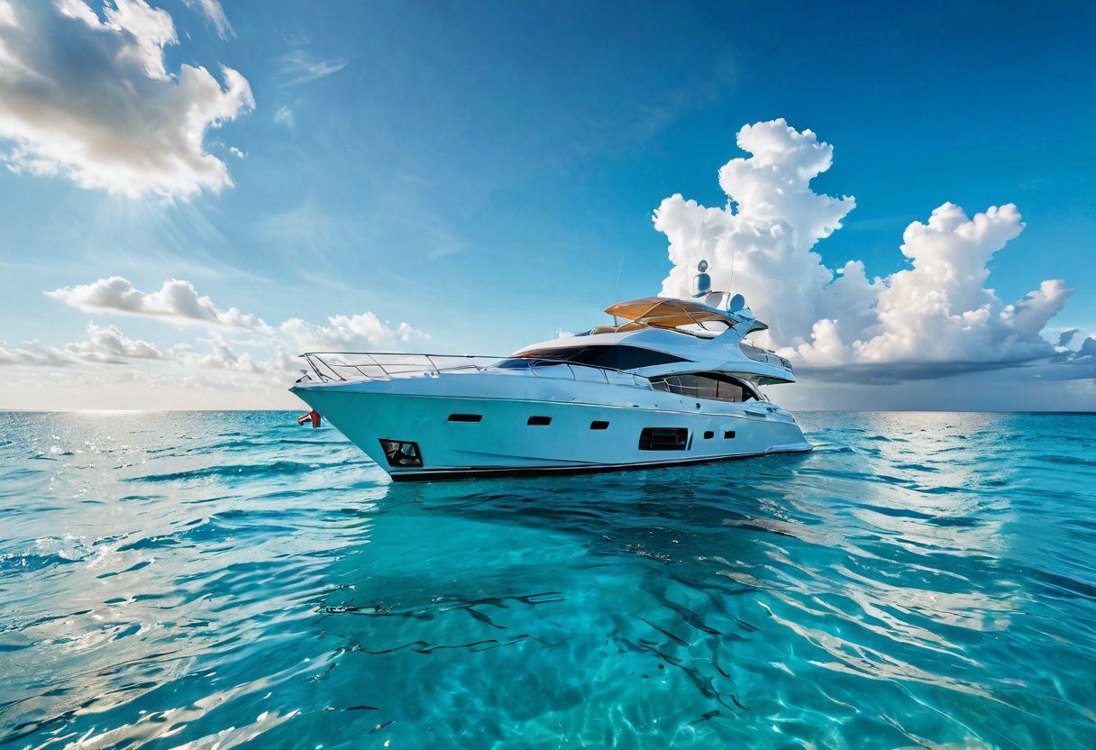 A luxurious yacht gliding through crystal-clear turquoise waters under a bright blue sky, surrounded by white sandy beaches. Incorporate elements of insurance, like a shield symbol subtly integrated into the waves or clouds to symbolize protection. Add a serene sunset in the background to evoke a sense of tranquility. The overall image should convey a feeling of adventure and security. super-realistic. vibrant colors. 3D.