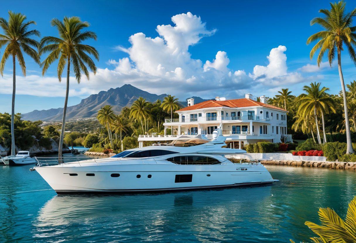 An elegant yacht sailing smoothly on calm blue waters, surrounded by luxury coastal scenery featuring lavish homes and palm trees. Include a visual representation of safety, like a lifebuoy and insurance documents subtly laying on the deck. The sky is bright and inviting, showcasing clear sunlit weather with a hint of vibrant clouds. super-realistic. vibrant colors. serene atmosphere.